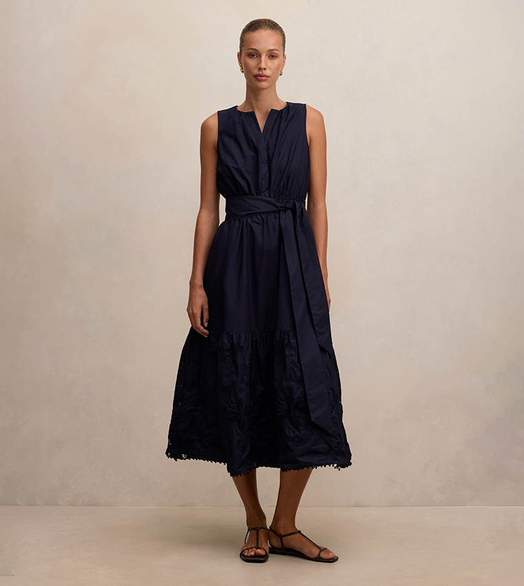 EVIE Embroidered Sleeveless Tie Detail Midi Dress