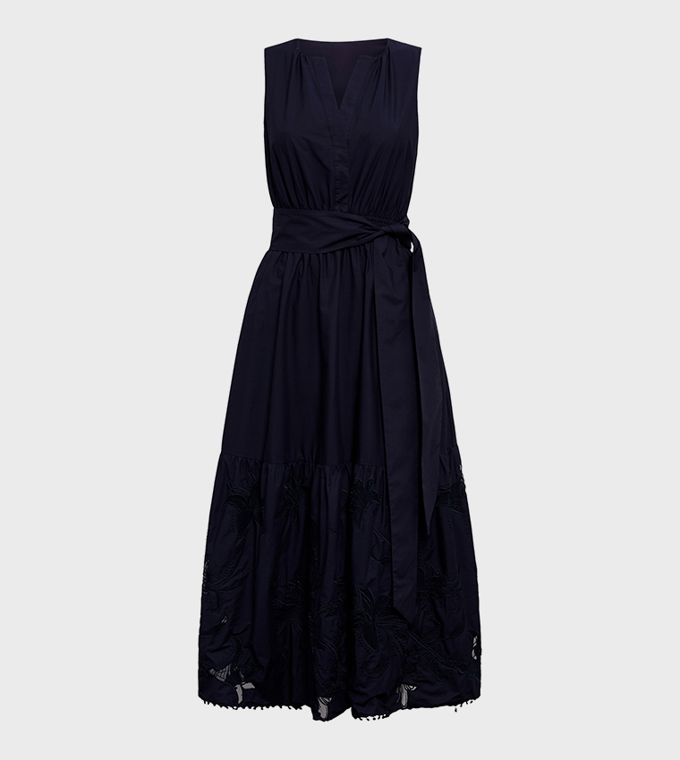 EVIE Embroidered Sleeveless Tie Detail Midi Dress