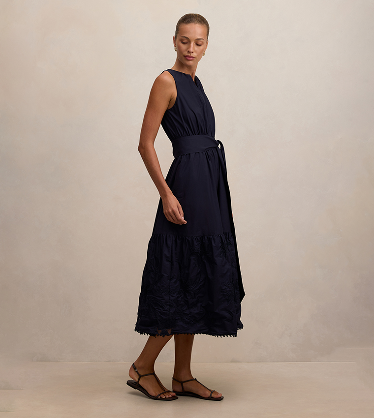 EVIE Embroidered Sleeveless Tie Detail Midi Dress