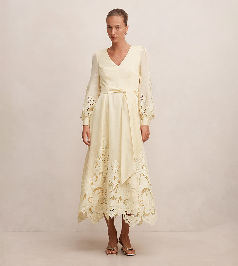 ASHLEE Schiffli Long Sleeve Midi Dress