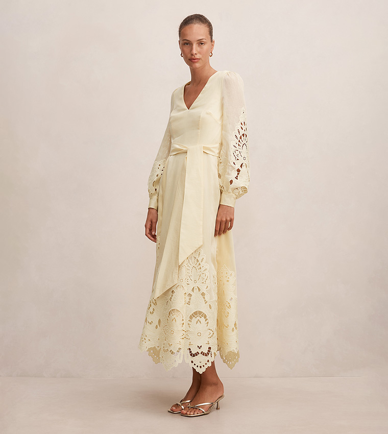ASHLEE Schiffli Long Sleeve Midi Dress