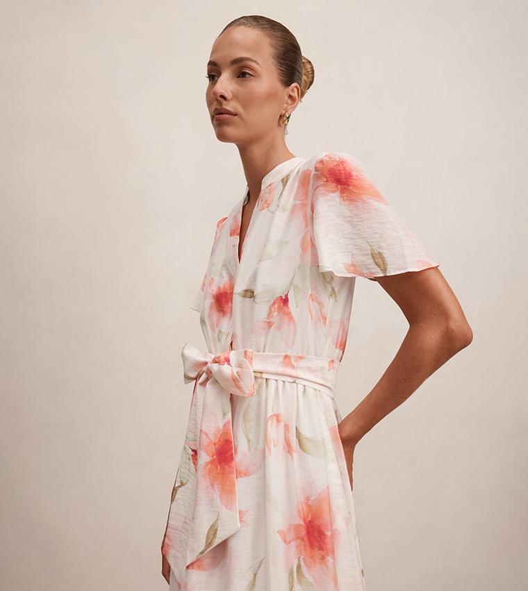 DAHLIA Button Tie Detail Midi Dress