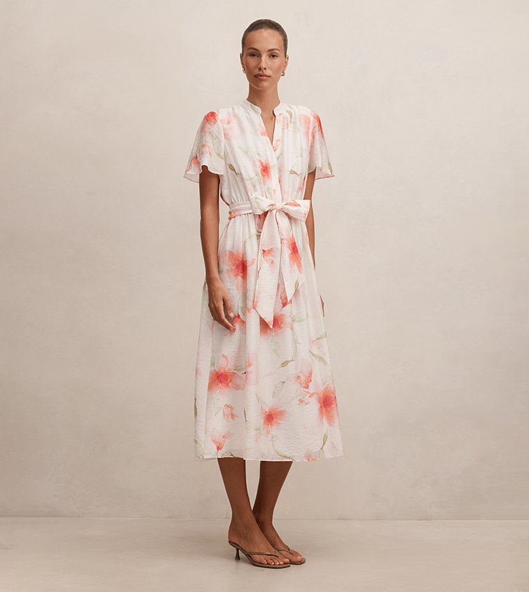 DAHLIA Button Tie Detail Midi Dress