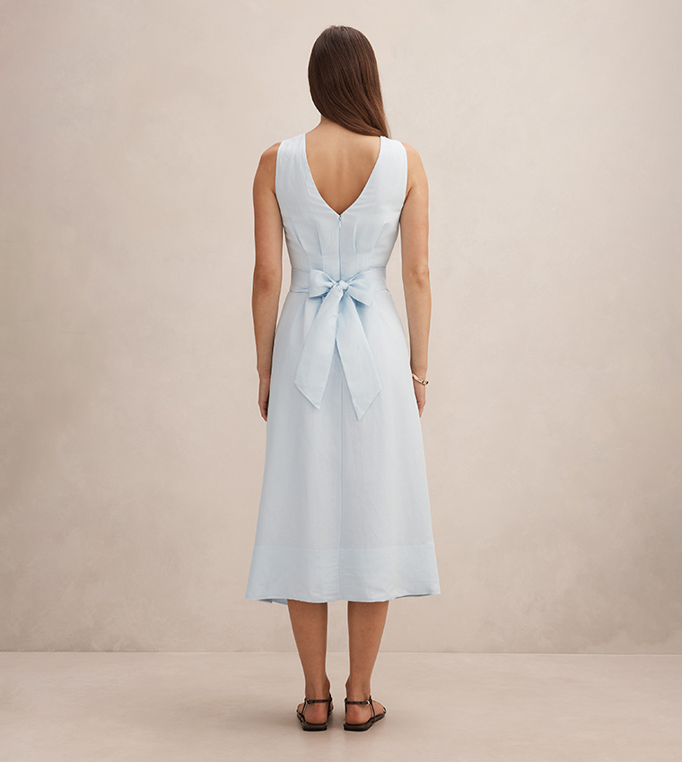 ROSIE Solid Linen Sleeveless Tuck Midi Dress