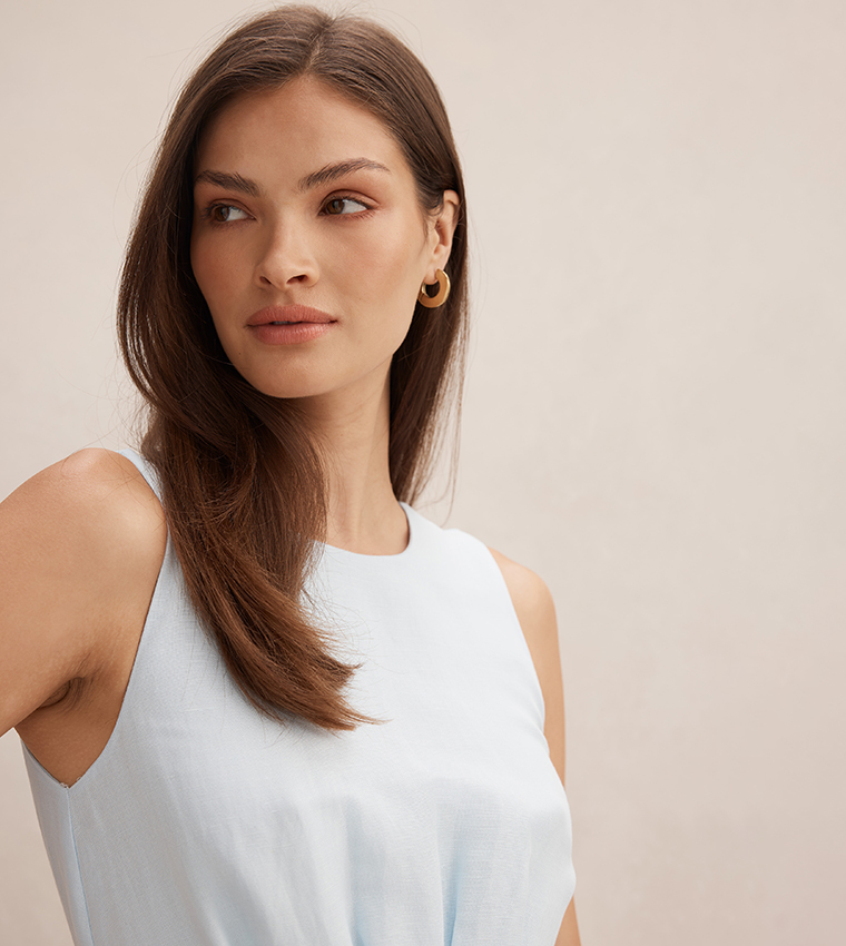 ROSIE Solid Linen Sleeveless Tuck Midi Dress