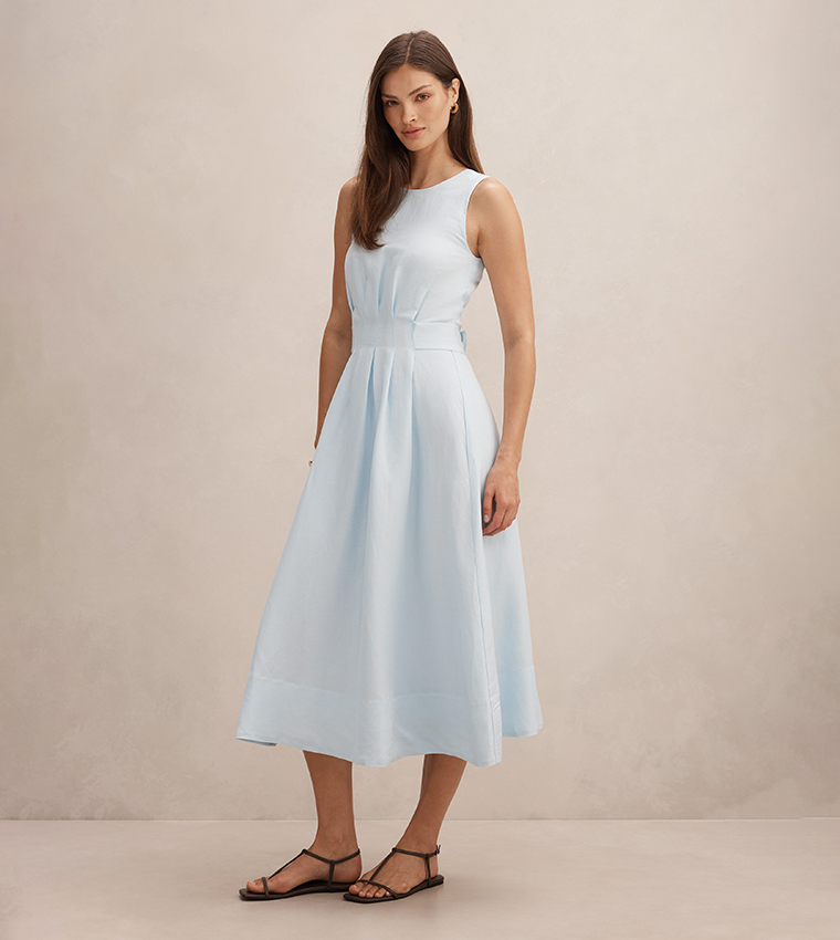 ROSIE Solid Linen Sleeveless Tuck Midi Dress