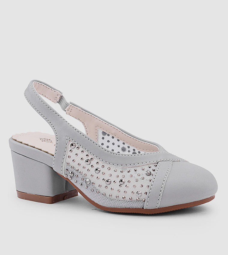 Embellished Round Toe Slingback Pumps