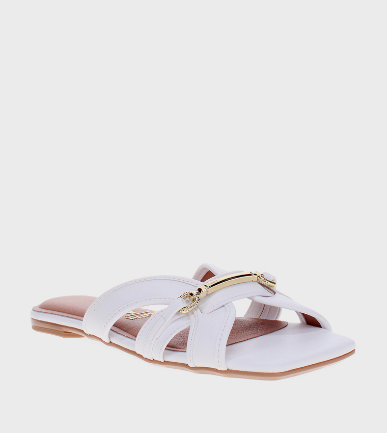 Metal Accent Square Toe Flat Sandals