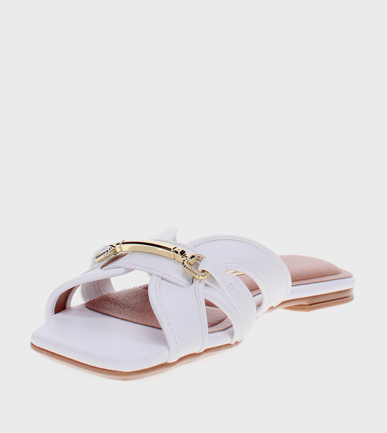 Metal Accent Square Toe Flat Sandals