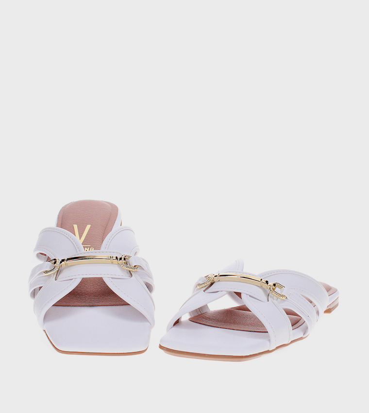 Metal Accent Square Toe Flat Sandals