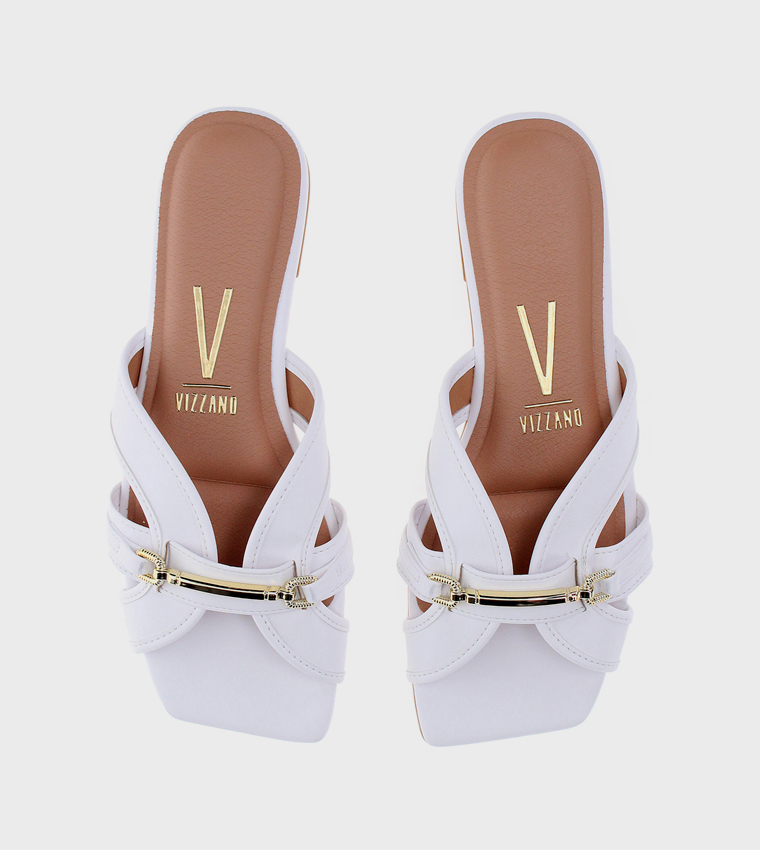 Metal Accent Square Toe Flat Sandals