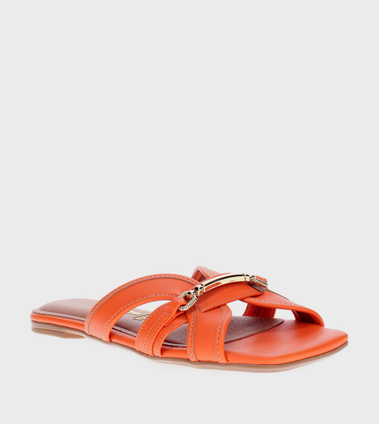 Metal Accent Square Toe Flat Sandals