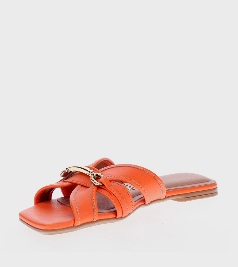 Metal Accent Square Toe Flat Sandals