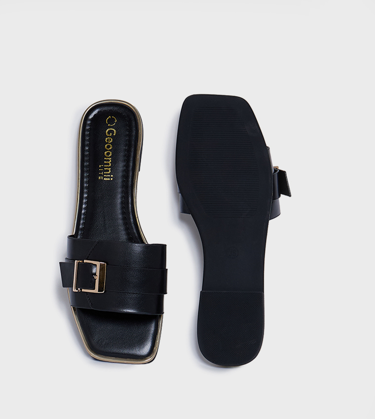 PEALOMEA Solid Buckle Detail Flat Sandals