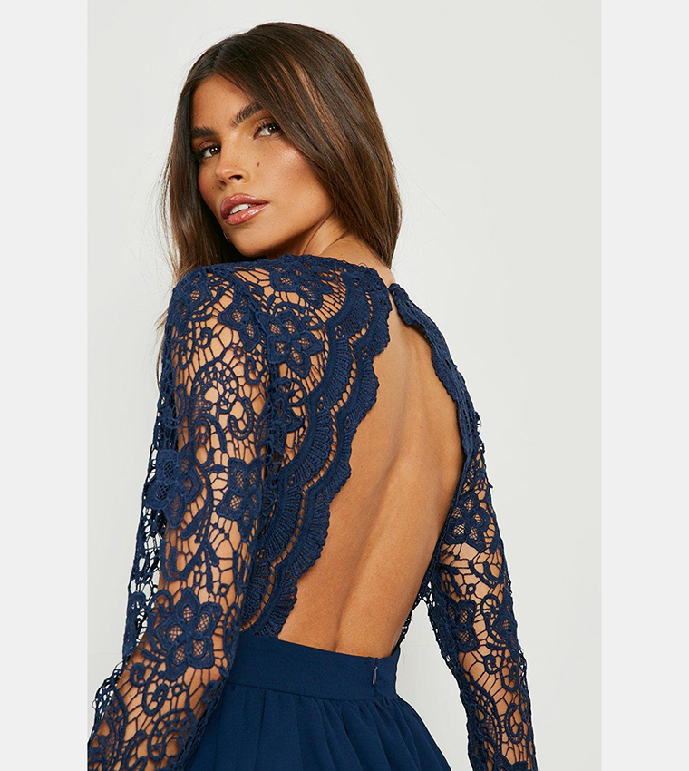 Buy Boohoo Outlet Lace Open Back Midi Skater Dress In Navy | 6thstreet Oman