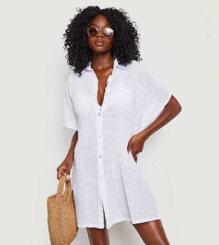 Linen Look Button Front Batwing Beach Kaftan Shirt
