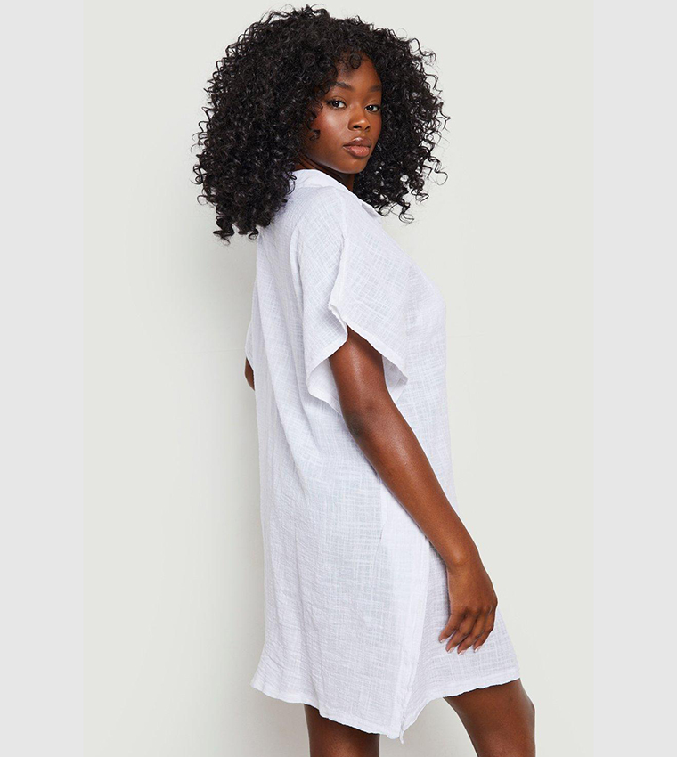 Linen Look Button Front Batwing Beach Kaftan Shirt