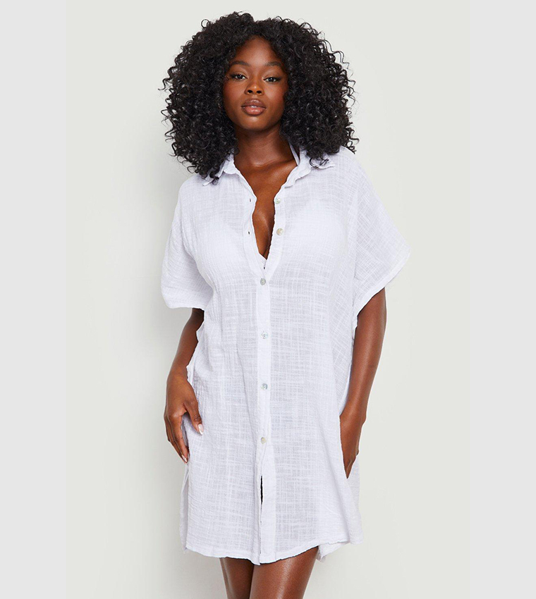 Linen Look Button Front Batwing Beach Kaftan Shirt
