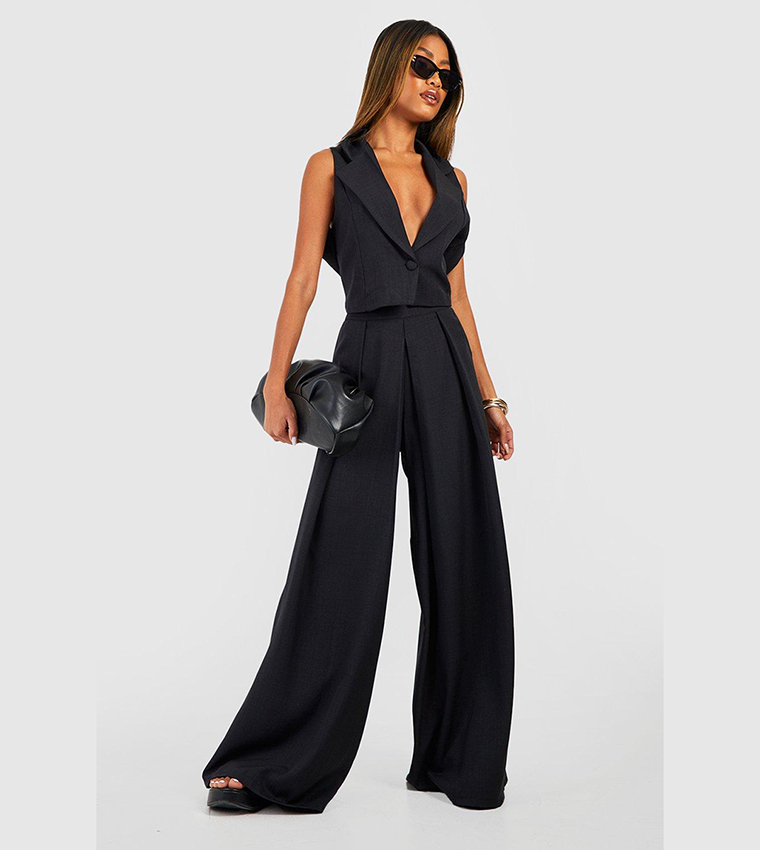 Linen Look Pleat Front Wide Leg Tailored Trousers
