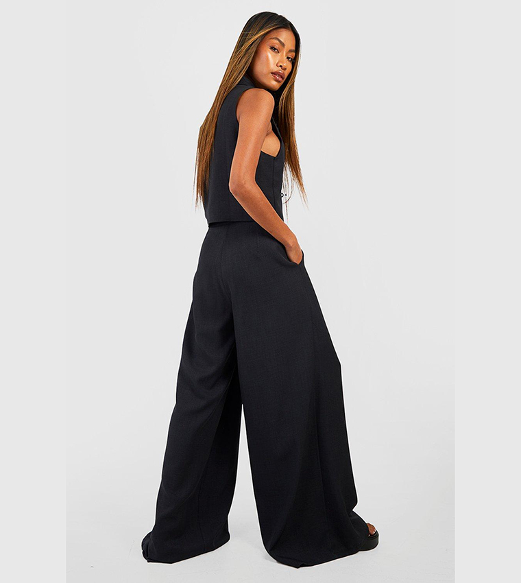 Linen Look Pleat Front Wide Leg Tailored Trousers