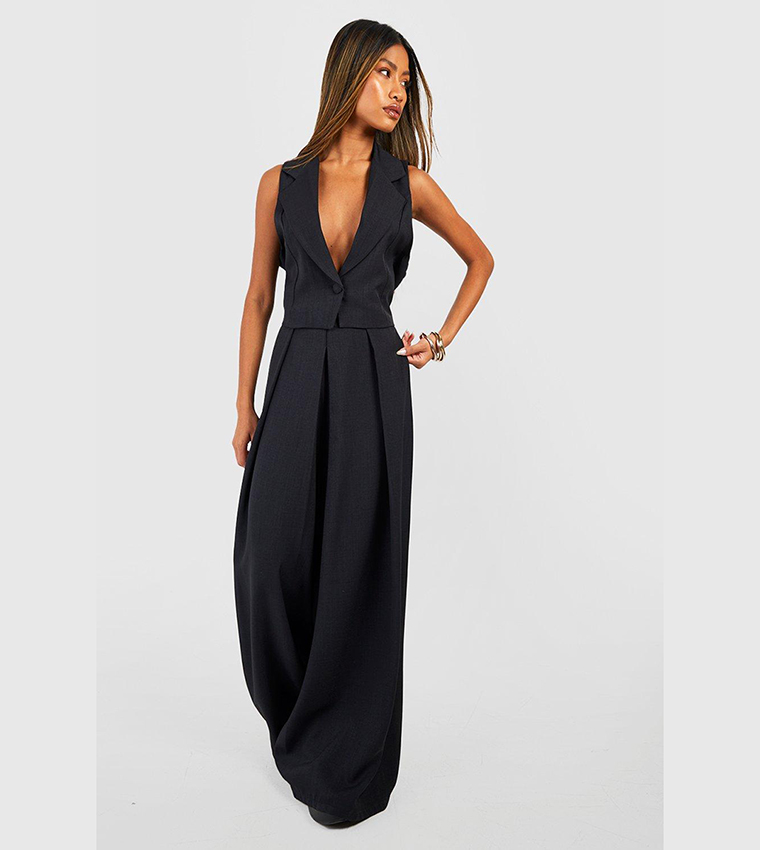 Linen Look Pleat Front Wide Leg Tailored Trousers
