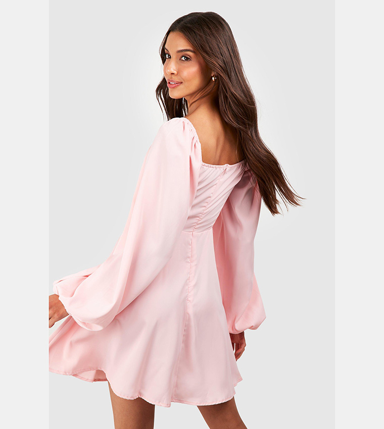 light pink long sleeve skater dress Katya | Light Pink Sweetheart-Neck Skater Mini Dress Club L London