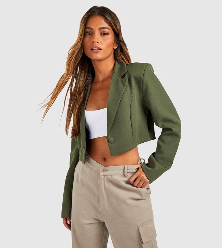 Basic Woven Single Button Crop Blazer