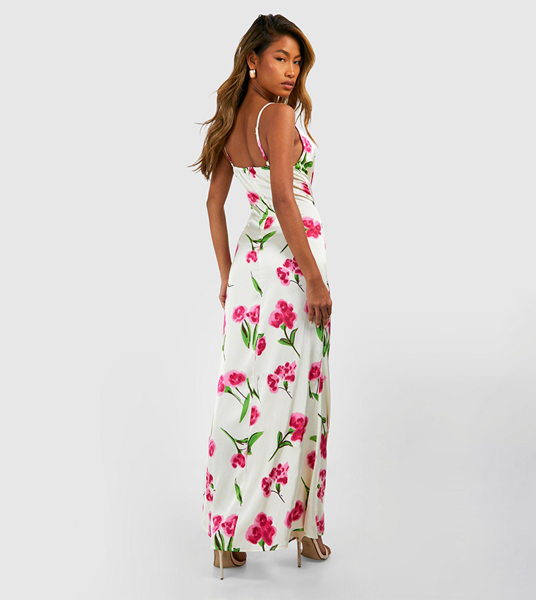 فستان ميدي ساتان مزين بالورود 