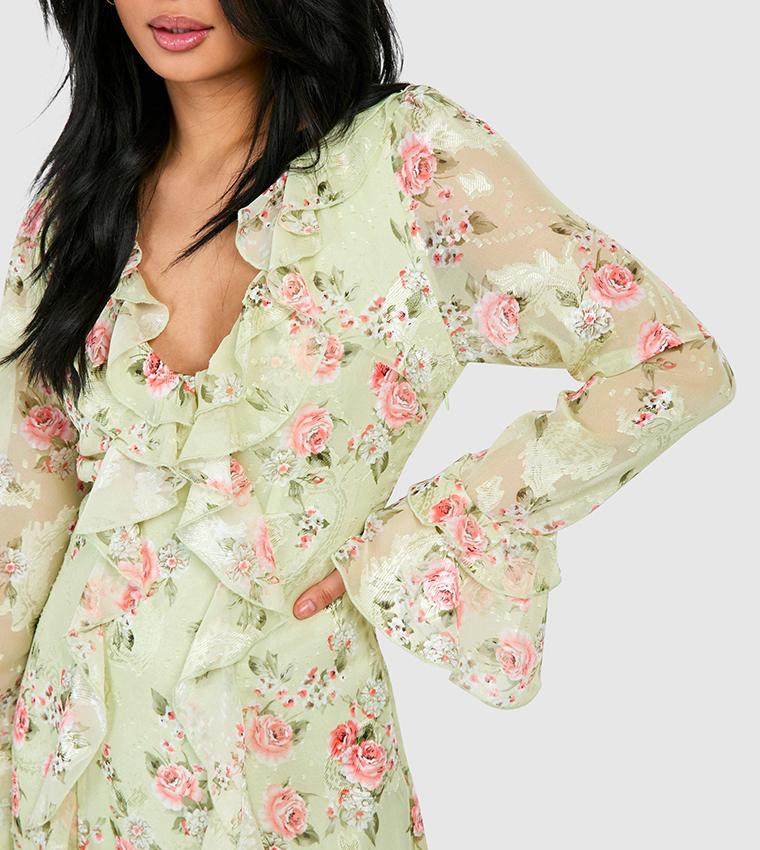 green emerald velvet dress Boohoo sequin floral Dress – Coconut Fashion main image 1