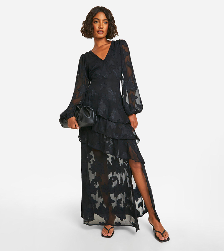 Tall Burnout Floral Frill Detail Maxi Dress