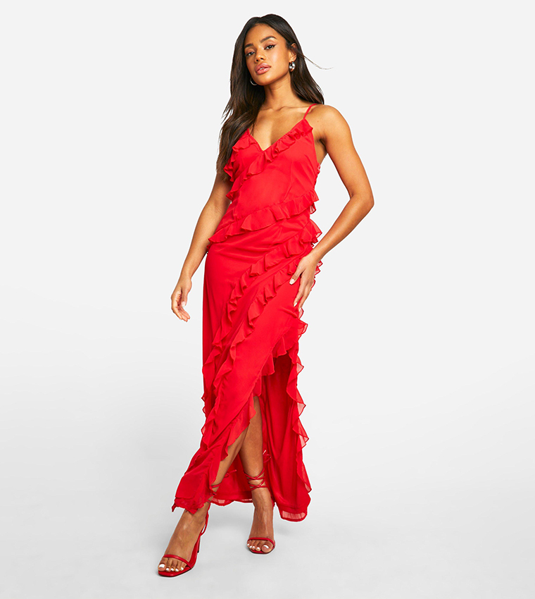 sachin and babi light blue dress Breezy Ruffle Asymmetric Pleated Chiffon Maxi Dress in Red main image 1