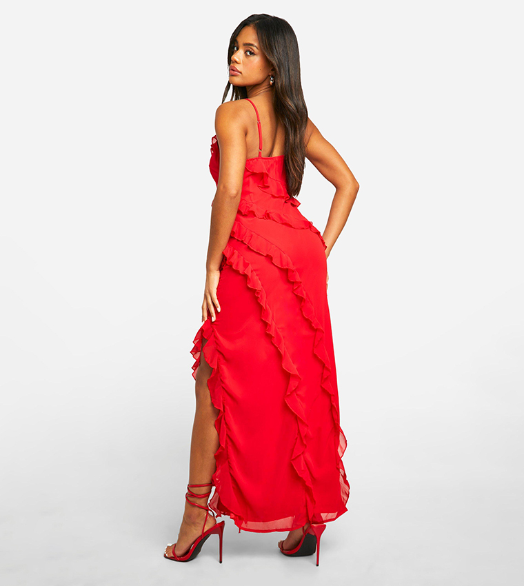 Buy Boohoo Ruffle Chiffon Maxi Dress In Red | 6thstreet UAE