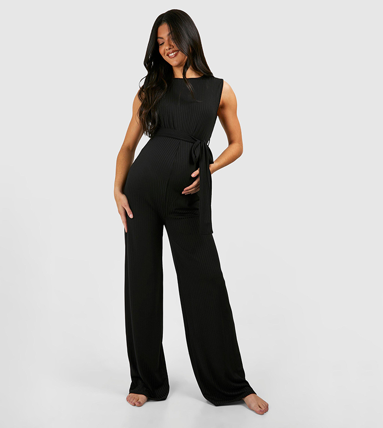 Ribbed Belted Sleeveless Lounge Maternity Jumpsuit