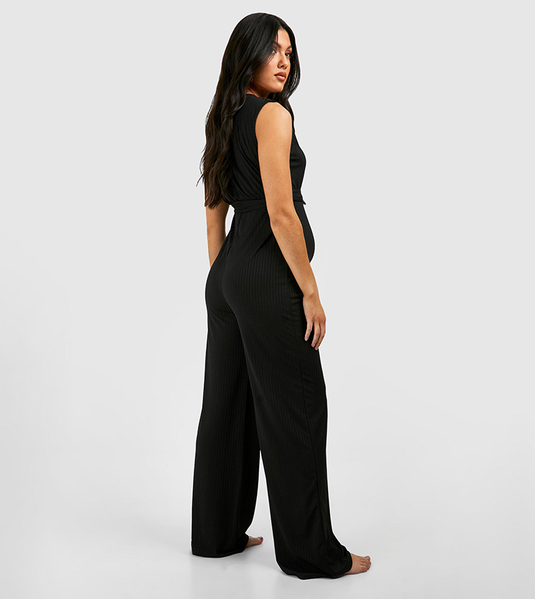 Ribbed Belted Sleeveless Lounge Maternity Jumpsuit