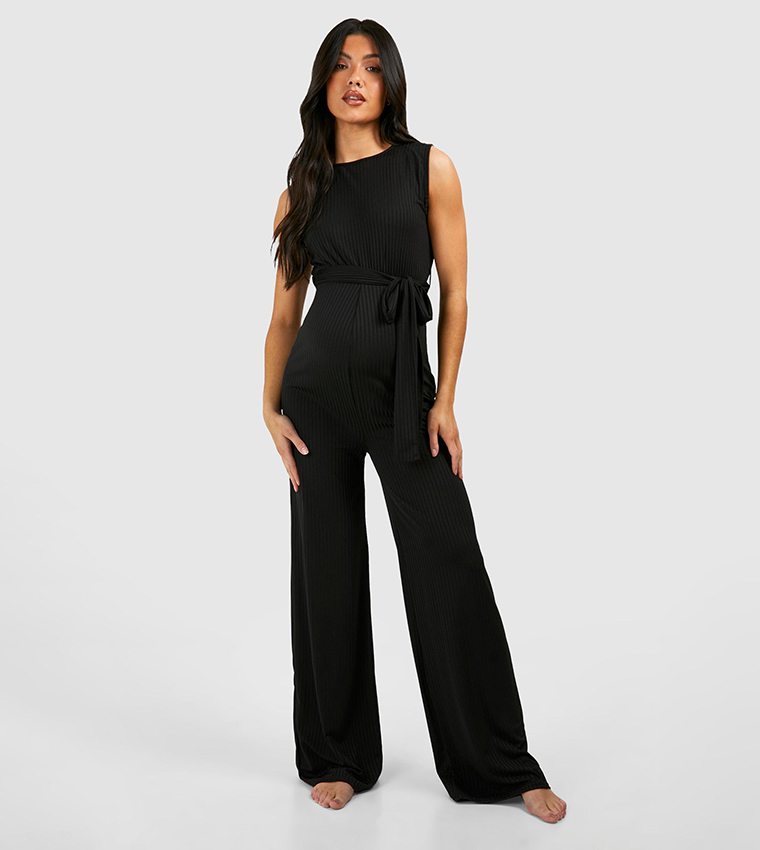 Ribbed Belted Sleeveless Lounge Maternity Jumpsuit