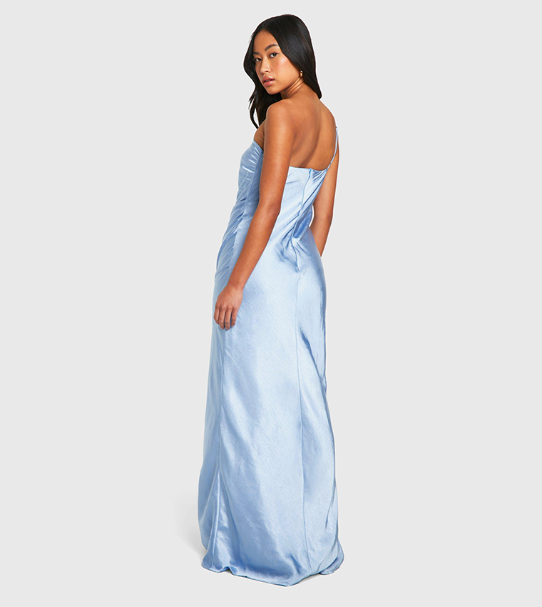 boohoo blue satin dress boohoo Women's Textured Satin & Lace Trim Midi Dress in Pastel Blue