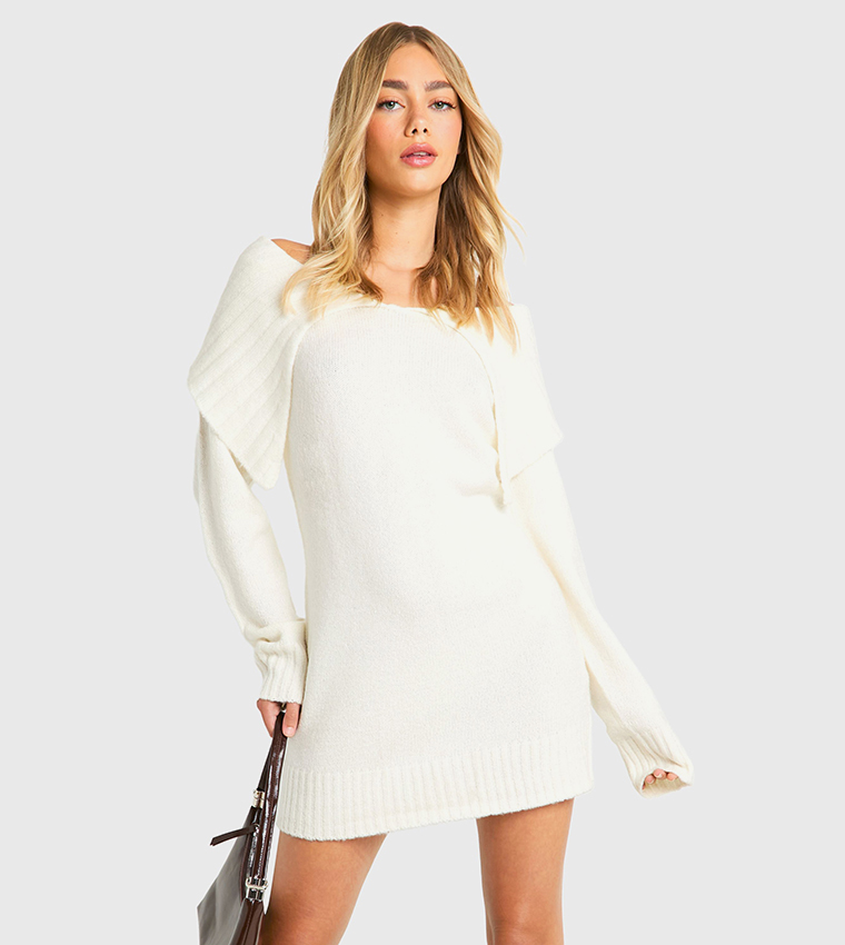 Buy Boohoo Off Shoulder Oversized Mini Sweater Dress In White | 6thstreet  UAE