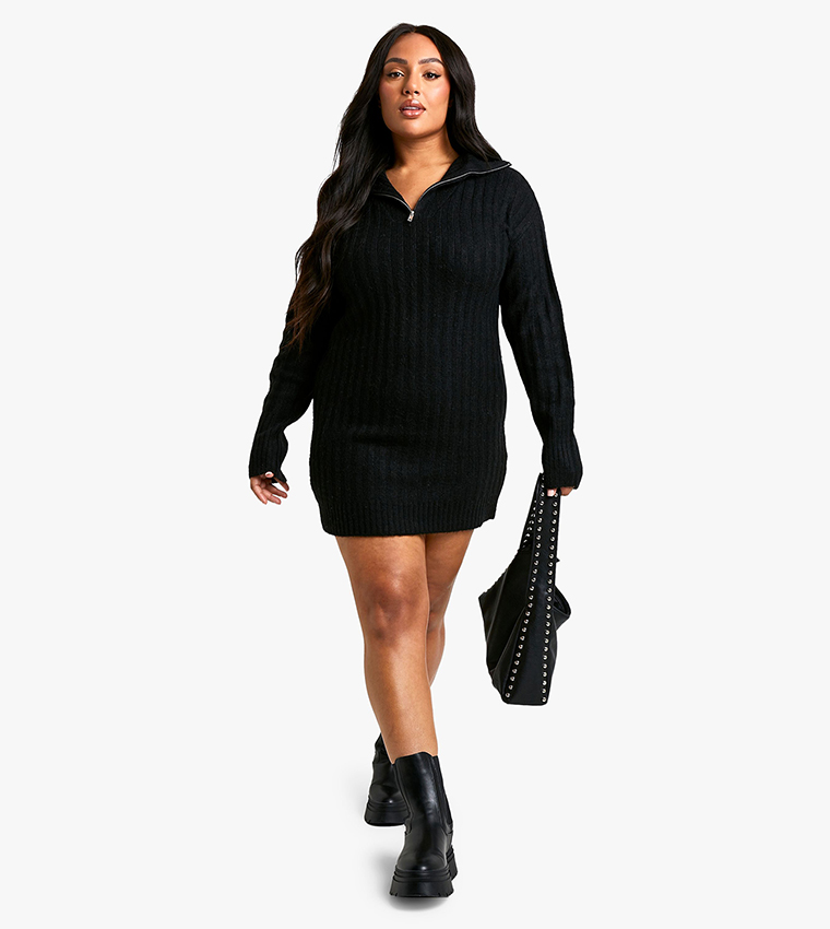 Curve Soft Knit Ribbed Zipper Neck Oversized Mini Dress