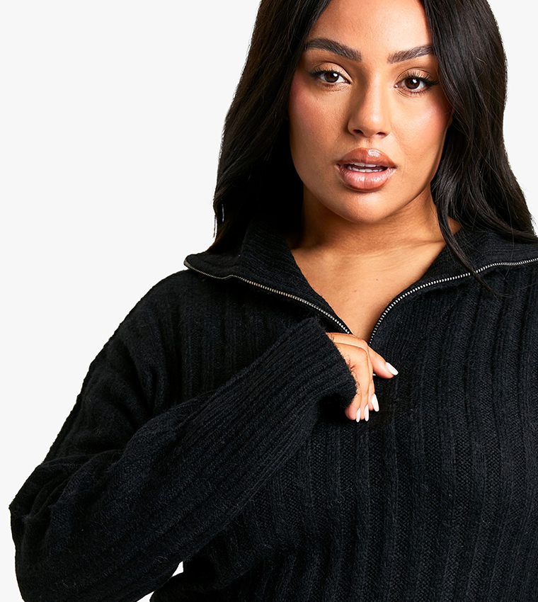 Curve Soft Knit Ribbed Zipper Neck Oversized Mini Dress