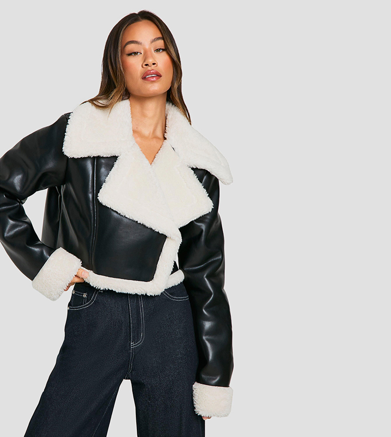 Tall Faux Fur Lined Cropped Leather Jacket