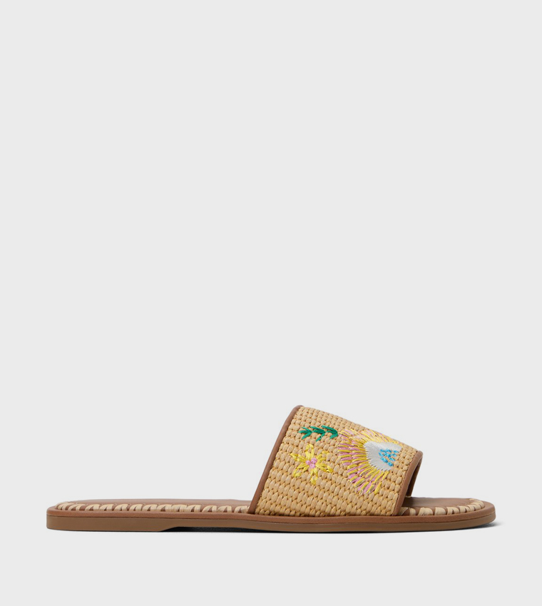 HANAMI Embroidered Straw Flat Sandals