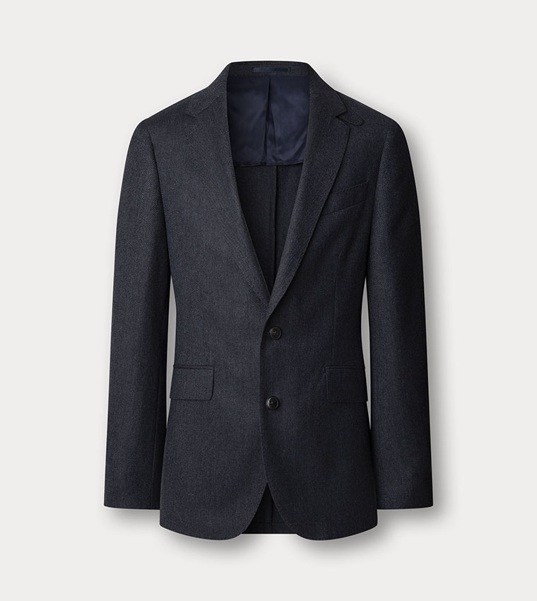 Herringbone Wool Blend Single Breasted Blazer