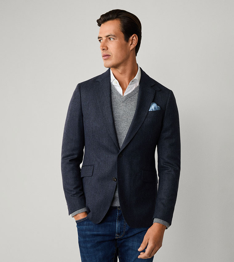 Herringbone Wool Blend Single Breasted Blazer
