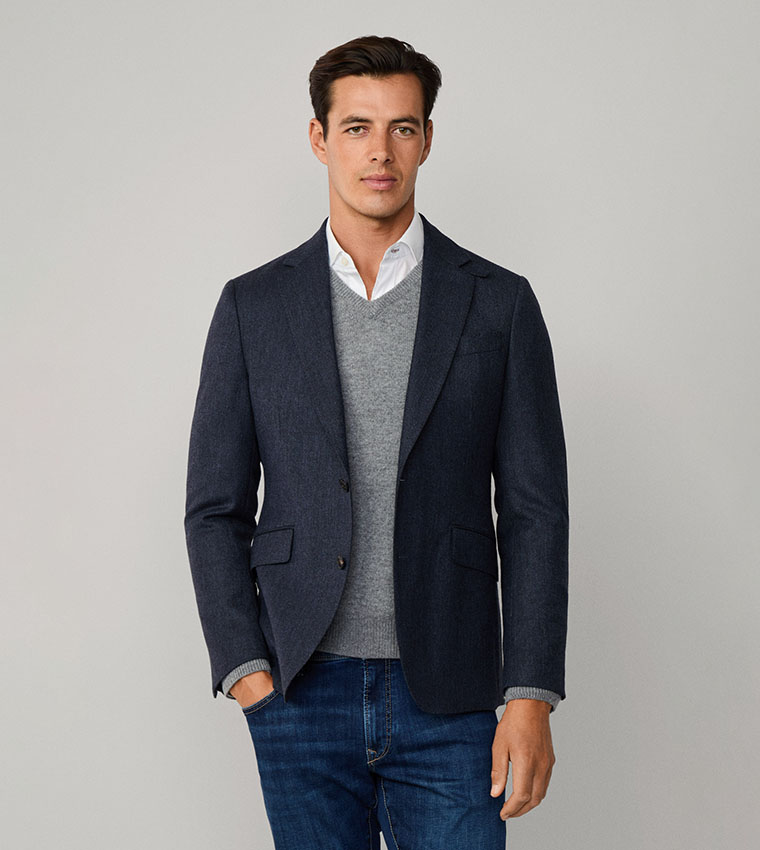 Herringbone Wool Blend Single Breasted Blazer