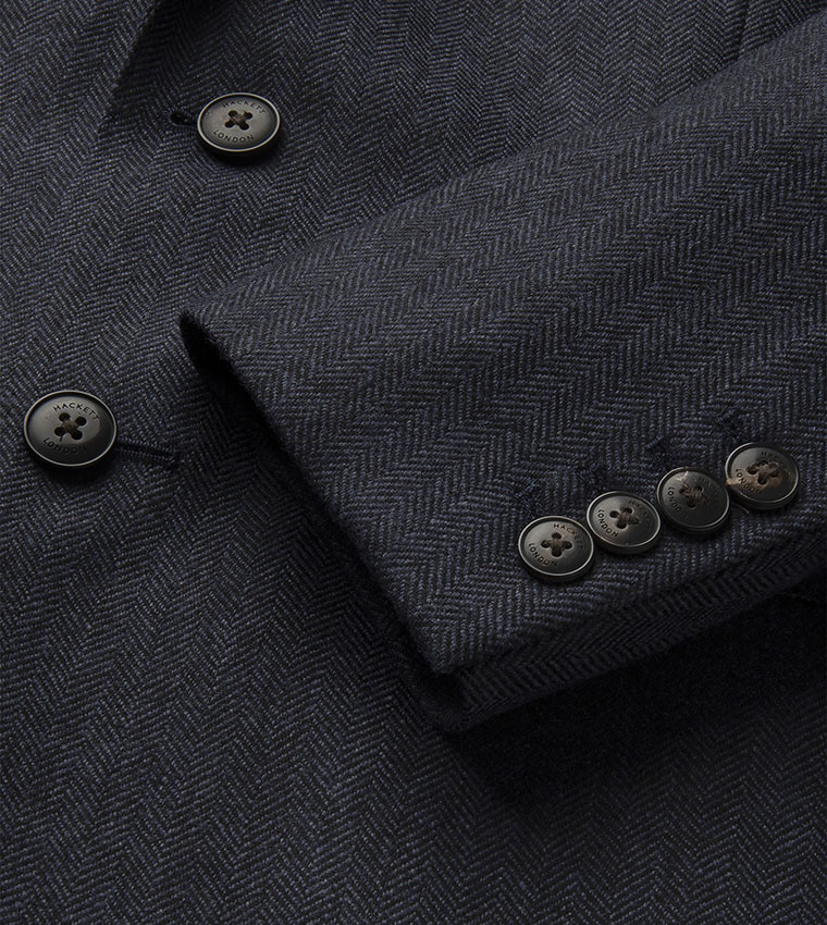 Herringbone Wool Blend Single Breasted Blazer