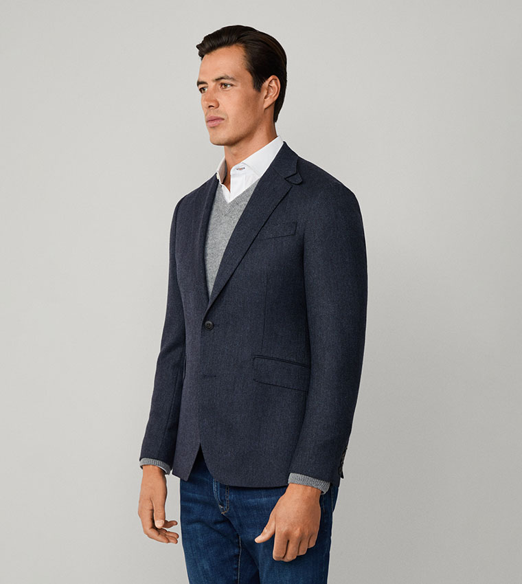 Herringbone Wool Blend Single Breasted Blazer