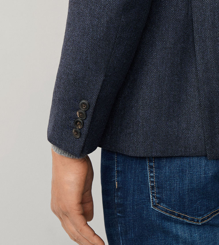 Herringbone Wool Blend Single Breasted Blazer