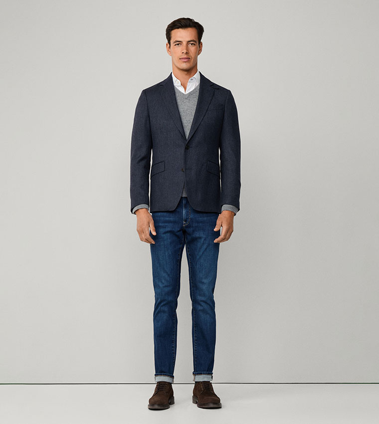 Herringbone Wool Blend Single Breasted Blazer