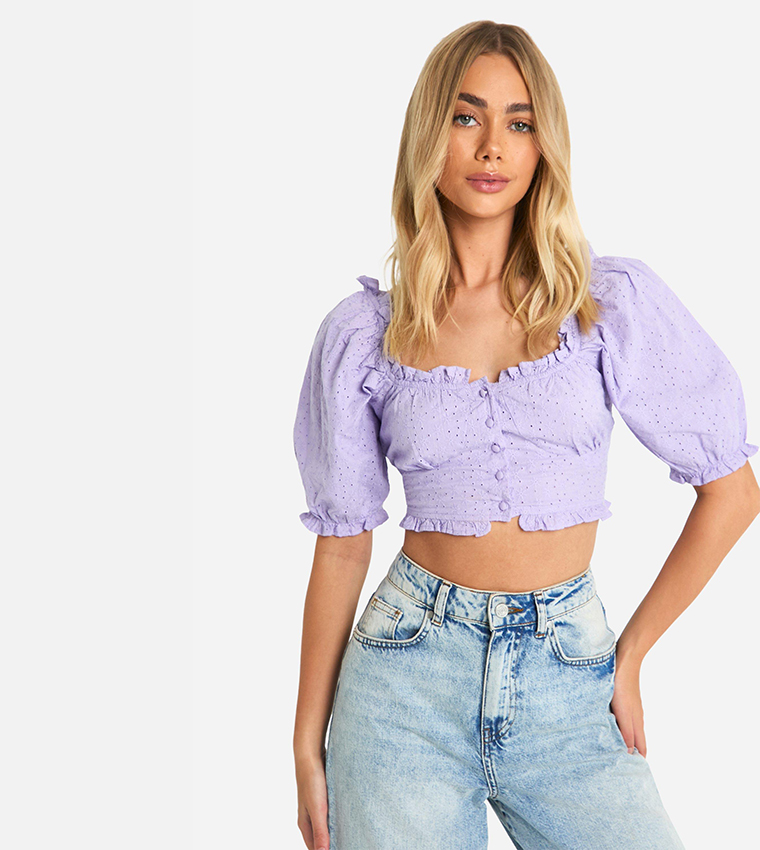 Broderie Puff Sleeves Milkmaid Crop Top