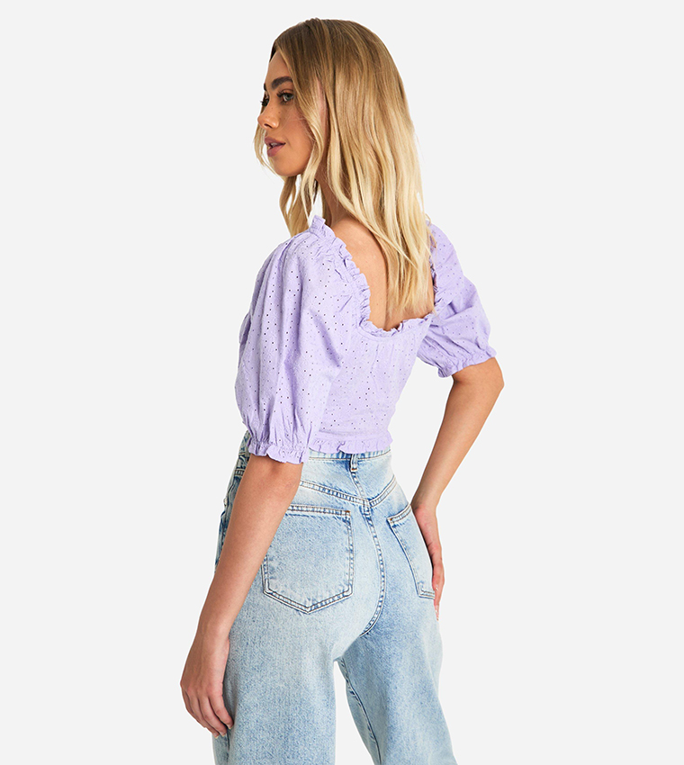 Broderie Puff Sleeves Milkmaid Crop Top